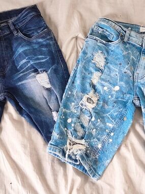 2 Pair Distressed Light Blue Paint-Splatter Jean Shorts Boys Sz 20
